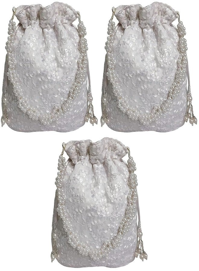 حقيبة بوتلي نسائية من دوقة، بيضاء اللون، مزينة بنقوش زهور شبكية (عبوة من 3 قطع)